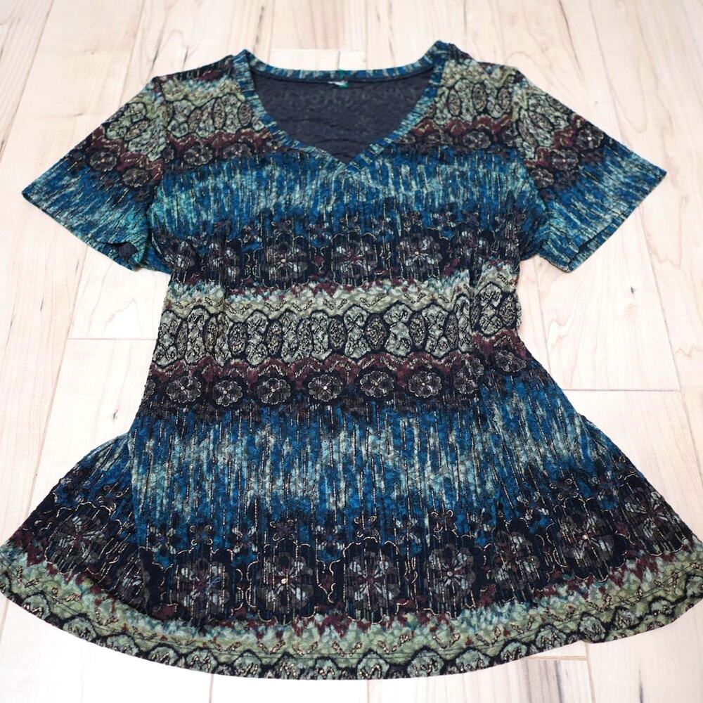 Vintage Teal Blue Abstract Textured Crinkle Top Boho Mosaic Plus Size XXL
